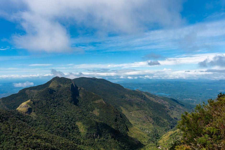 Knuckles range peaks and valleys under a blue sky, central Sri Lanka