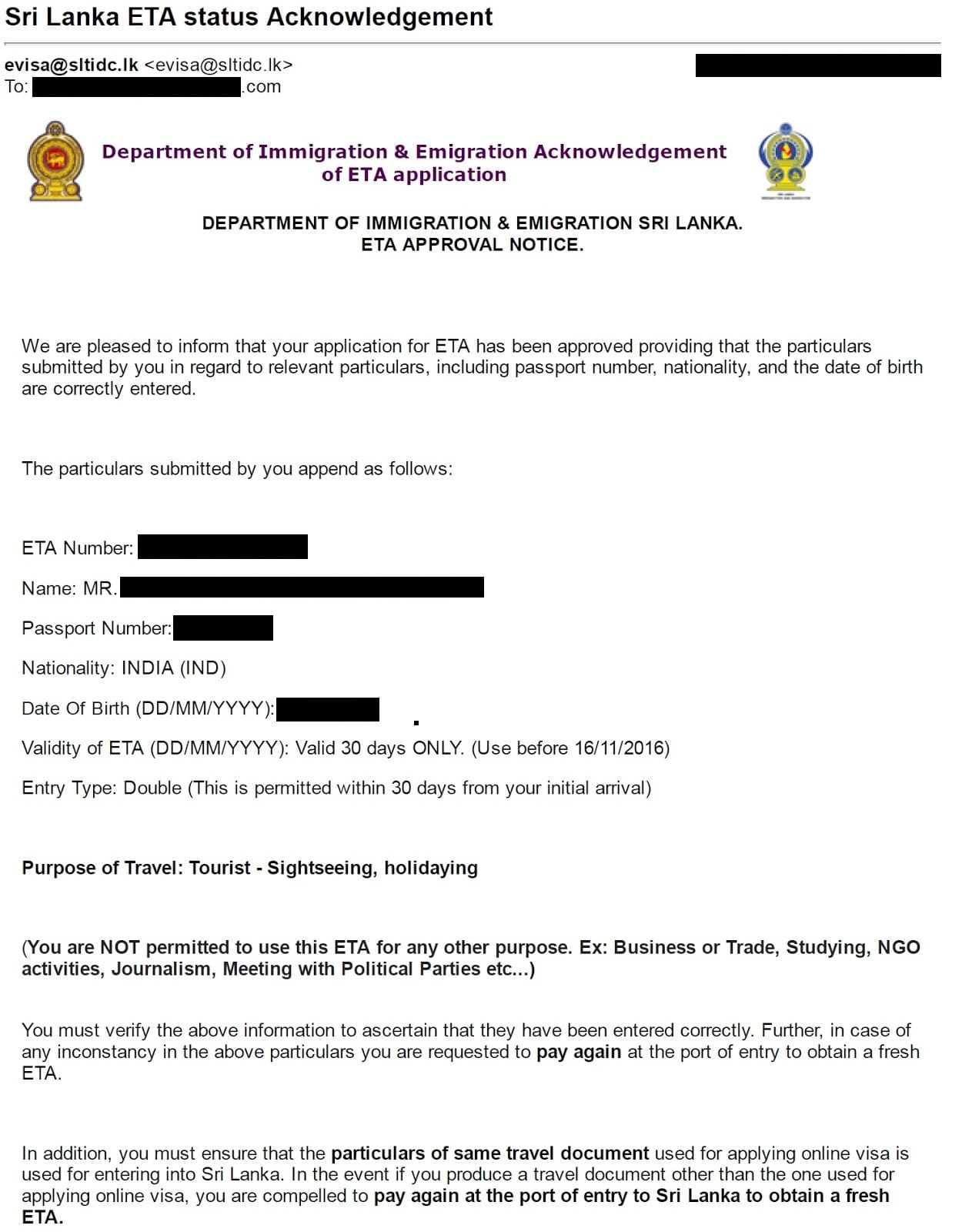Sri Lankan ETA Approval Notice