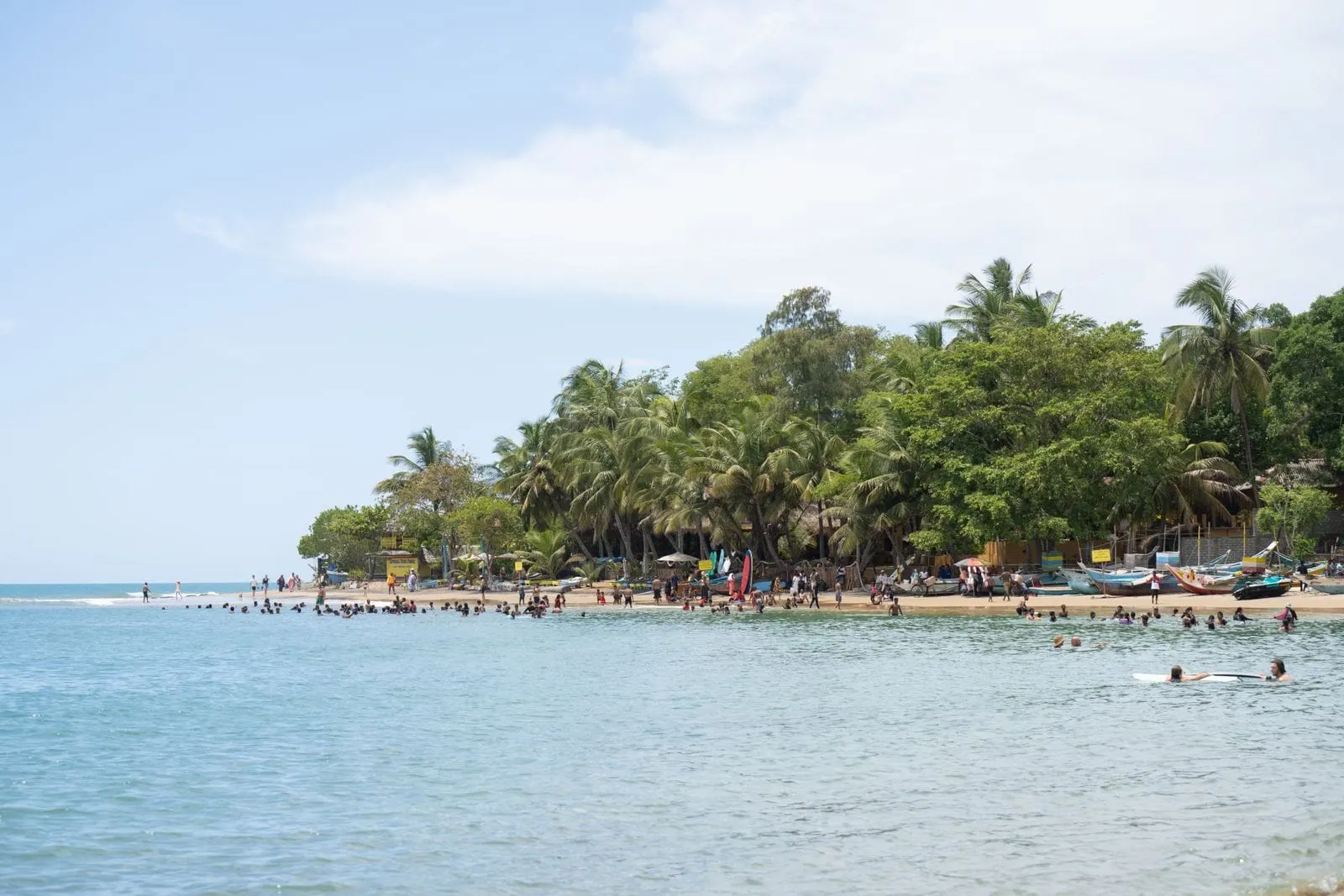 A busy tropical beach on Sri Lanka's east coast with palm trees