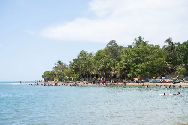 A busy tropical beach on Sri Lanka's east coast with palm trees